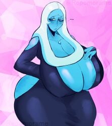 1girls areola_slip big_breasts blue_body blue_diamond_(steven_universe) blue_eyes blue_hair blue_skin cartoon_network diamond_authority dress enormous_breasts gem_(species) huge_breasts humanoid mature_female non-mammal_breasts repomorame revealing_clothes steven_universe voluptuous voluptuous_female wide_hips