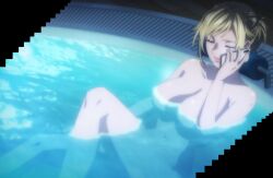 1girls anime_screencap artist_request blonde_hair breasts cellphone closed_eyes dead_mount_death_play geek_toys holding_object kuraki_lisa large_breasts mature_female nude screencap screenshot square_enix stitched thighs