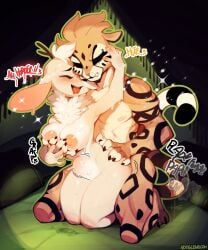 absurd_res anthro areola big_breasts breasts closed_eyes deer duo felid female hallogreen hi_res jenjen_(oyenvar) male male/female mammal navel nipples open_mouth pantherine sex smile tiger