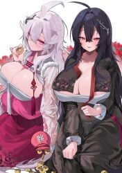 2girls beauty_mark black_hair cleavage clothed clothing coins duo female female_only huge_breasts light-skinned_female light_skin money original pink_eyes red_eyes rima_(0136)