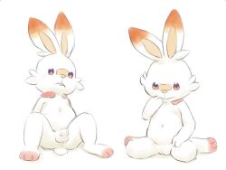 3_fingers 3_toes anthro apluss balls feet female fingers flaccid fur generation_8_pokemon genitals kneeling looking_at_own_pussy male navel nintendo nude penis pokemon pokemon_(species) pussy scorbunny simple_background sitting spread_legs spreading tail toes white_background white_body white_fur