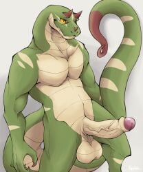 anthro balls belly_scales erection foreskin genitals green_body green_scales hi_res horn humanoid_genitalia humanoid_penis kopyorh long_tail male male_only nude penis pupils reptile scales scalie slit_pupils smile snake solo standing tail yellow_eyes