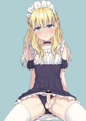 1boy bar_censor bare_shoulders black_choker blonde_hair blue_eyes blush censored choker closed_mouth clothing_aside crossdressing erection femboy girly highres hokuro_ryuuseigun looking_at_viewer maid_headdress male male_focus male_only original otoko_no_ko panties panties_aside penis simple_background sitting small_penis small_testicles testicles thighhighs trap underwear white_thighhighs