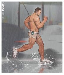 1boy artist_name bara black_hair digital_media_player earphones exercise facial_hair highres ipod large_pectorals male_focus muscular muscular_male nickie_charles original outdoors pectorals penis rain running see-through short_hair short_shorts shorts solo thighs topless_male water_drop wet wet_clothes wet_hair wet_shorts white_shorts