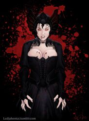 1girls big_breasts black_background black_hair blood candle_(artist) cleavage corset fangs female_only headwear ludja_amsel nel_rivas original_character pale-skinned_female pale_skin solo vampire vampire_teeth