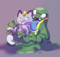 alolan_grimer alolan_meowth anthro cum cute_fang feline furry gay goo_creature grimer highres koban_(coin) meowth pokémon_(species) pokemon simple_background tail teeth tongue tongue_out whiskers xxx_ing