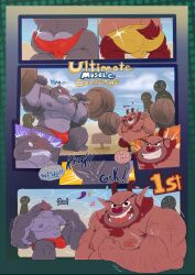 anthro balls beard bulge chest_hair comic competition crossover disney facial_hair flaccid flexing furry gantu goat_legs haxsmack hercules_(disney) horns lilo_and_stitch male male_only muscles muscular nude penis phil philoctetes satyr size_difference speech_bubble weightlifting