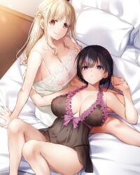 2girls bare_shoulders bed_sheet black_dress black_hair blonde_hair blue_eyes braid breasts breasts_apart cleavage closed_mouth commentary_request covered_navel covered_nipples crown_braid dress female female_only frown highres holding_hands knees_up large_breasts lingerie long_hair looking_at_viewer looking_up lying multiple_girls nakajima_yuka on_back on_bed orange_eyes original pillow short_hair sleepwear smile underwear white_dress