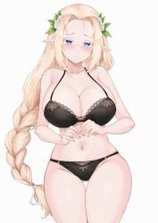 1girls belly_button big_breasts black_bra black_panties blonde_hair blue_eyes blush bra deogho_(liujinzy9854) elf embarrassed female female_only headwear light-skinned_female light_skin original panties pointy_ears solo white_background