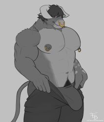 anthro anthro_only big_pecs bottomwear bovid bovine bulge cattle clothing edgybambi facial_piercing greyscale hair hair_over_eyes hi_res horn male male_only mammal meme monochrome muscular muscular_anthro muscular_male nipple_piercing nipple_ring nipples nose_piercing nose_ring pants pecs piercing pubes ring_piercing solo tight_pants_(meme) underwear