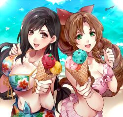 2girls aerith_gainsborough beach bikini black_hair braided_ponytail breasts brown_eyes brown_hair earrings female female_only final_fantasy final_fantasy_vii green_eyes hairbow holding_ice_cream_cone ice_cream ice_cream_cone large_breasts long_hair looking_at_viewer midriff multicolored_bikini multicolored_swimsuit navel ocean outside pink_bikini pink_swimsuit sarong straight_hair swimsuit tama_(tmfy5) tifa_lockhart water