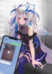 ? amane_kanata angel angel_wings asymmetrical_bangs bare_shoulders black_shirt blue_hair blue_skirt blue_thighhighs blush breasts cellphone colored_inner_hair commentary_request couch feathered_wings female grey_hair hair_ornament hair_over_one_eye halo highres holoforce hololive hololive_japan idol long_hair looking_at_viewer midorikawa_(tawf5452) mini_wings multicolored_hair netorare nudes_on_phone on_couch open_mouth phone pleated_skirt purple_eyes shirt single_thighhigh sitting skirt small_breasts smartphone solo_focus star_halo streaked_hair thighhighs virtual_youtuber wings