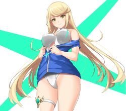 1girls blonde_hair blue_jacket breasts dollinger earrings jacket large_breasts long_hair looking_at_viewer mythra nintendo one-piece_swimsuit swimsuit swimsuit_under_clothes thigh_strap white_one-piece_swimsuit white_swimsuit xenoblade_(series) xenoblade_chronicles_2 yellow_eyes