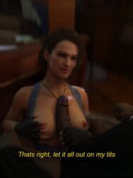 1boy 1girls 3d breasts_out cum cum_on_breasts cum_on_upper_body dark-skinned_male hand_on_breast hand_on_penis interracial jill_valentine jill_valentine_(sasha_zotova) netcrum resident_evil resident_evil_3 resident_evil_3_remake smiling straight unseen_male_face