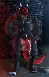 1boy anthro anthro_only balls beard belt big_balls big_penis black_hair bodily_fluids boots bottomwear clothing crotchless_bottomwear crotchless_clothing crotchless_pants dante_(dragonbreeder69) dragon facial_hair flaccid footwear genital_fluids genitals gloves hair handwear hi_res horn humanoid_genitalia humanoid_penis jacket jewelry kirlanlion leaking_precum leather leather_boots leather_bottomwear leather_clothing leather_footwear leather_gloves leather_handwear leather_jacket leather_pants leather_topwear looking_at_viewer male male_only muscular muscular_male musk_clouds musk_fetish musky_balls musky_cock necklace pants penis pentagram_necklace precum red_body red_eyes red_scales scales scalie solo spiked_boots spiked_clothing spiked_footwear spikes topwear