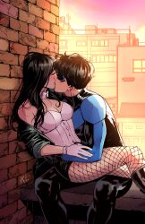 1boy 1boy1girl 1girls against_wall arms_around_waist batman_(series) black_hair cleavage closed_eyes dc dc_comics dcau dick_grayson embrace female fishnet_legwear fishnets gloves hero hugging kissing making_out male male/female mask nightwing on_lap romantic sitting_on_lap straight tight_clothing young_justice zatanna zatanna_zatara