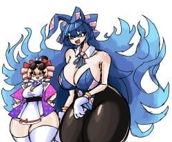 2girls big_breasts blue_hair breasts bunnysuit curvy_female earrings jo'on_yorigami large_breasts large_thighs larger_female light-skinned_female long_hair shion_yorigami short_hair sister sisters size_difference smaller_female taller_female taller_girl taller_woman thick_thighs thighhighs thighs touhou touhou_project white_background ziffern