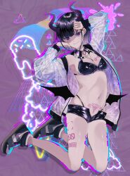 1girls abstract_background absurdres arms_up black_hair black_wings breasts chromatic_aberration commentary_request commission demon_girl female female_only full_body glitch gradient_hair hayashidahana highres holographic_clothing jacket jewelry looking_at_viewer low_wings medium_breasts micro_shorts multicolored_hair navel necklace oerba_yun_fang open_clothes open_jacket original pubic_tattoo purple_eyes shoes shorts skeb_commission smile sneakers solo succubus succubus_tattoo tattoo unzipped wings