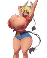 1girls 2023 areola_slip armpits black_hair blonde_hair breasts_bigger_than_head brown_eyes cathyl_(monster_musume) cow_ears cow_girl cow_horns cow_print cow_tail female female_only hi_res horns huge_breasts looking_at_viewer minotaur_girl monster_girl monster_musume_no_iru_nichijou mrsakai nipple_bulge pointy_ears ryousakai smiling smiling_at_viewer solo stretching tail tail_tuft thick_thighs two_tone_hair white_background wink winking_at_viewer