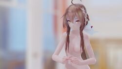 1girls 3d blurry_background breasts brown_hair color feal hair_clips hair_covering_nipples hair_ornament long_hair nude outdoors outside red_eyes small_breasts solo two_tone_eyes vocaloid yellow_eyes yuezheng_ling