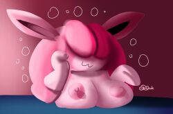 :3 areolae big_breasts breasts drunk eats georgina_(stormcloudsart) gradient_background hair_over_eyes naked no_humans nude pink_body pink_hair pink_skin pokémon_(species) pokemon stormcloudsart white_gloves wigglytuff