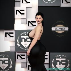 1girls big_ass black_dress black_hair cyberpunk_2077 elizabeth_peralez huge_ass looking_at_viewer looking_back milf prime3dx sideboob text thick_ass thick_thighs