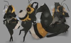 2023 4_arms absurd_res antennae_(anatomy) anthro areola arthropod arthropod_abdomen ass bee big_breasts big_butt biped black_areola black_body black_fur black_nipples black_pussy bodily_fluids breasts bumble_bee_(species) crown digital_media_(artwork) female fur genital_fluids genitals grey_background headgear hi_res hymenopteran insects looking_at_viewer lvlirror lying multi_arm multi_limb navel nipple_piercing nipple_ring nipples on_side piercing pussy pussy_juice ring_piercing simple_background solo spread_pussy spreading white_body white_fur wide_hips yellow_body yellow_fur