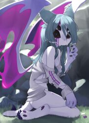 animal_ears black_sclera blue_hair breasts claws cleavage colored_sclera day elira_pendora female furry heterochromia highres kneeling long_hair looking_at_viewer medium_breasts multi_eye nijisanji nijisanji_en outdoors purple_wings solo sweater tail torn_clothes virtual_youtuber white_sweater wings yoako