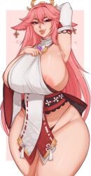 armpits big_breasts big_lips breasts breasts_bigger_than_head ear_piercing earrings genshin_impact hearts licking_lips looking_at_viewer nipple_outline nipples panties pink_hair presenting_armpit purple_eyes purple_flower solo spookiebuni thick_thighs tongue_out yae_miko