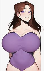 aaron_gramcracker aaron_grimm ai_generated brown_hair huge_breasts long_hair nintentron purple_eyes purple_swimsuit smile teeth teeth_showing unknown_artist white_background youtube youtuber youtuber_girl