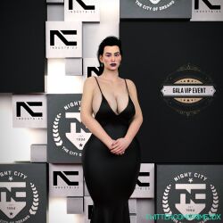 1girls big_ass big_breasts black_dress black_hair cyberpunk_2077 elizabeth_peralez huge_breasts looking_at_viewer milf prime3dx text thick_thighs