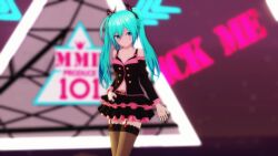 1girls 3d ahoge bangs bare_shoulders black_bra black_shirt black_skirt black_sleeves blue_eyes blue_hair bra breasts clothed clothed_female color detached_sleeves female female_only fully_clothed garter_straps hair hatsune_miku light-skinned_female light_skin long_hair medium_breasts open_shirt pink_skirt pleated_skirt sedgec shirt skirt sleeveless sleeveless_shirt sleeves solo stockings thighhighs twintails vocaloid