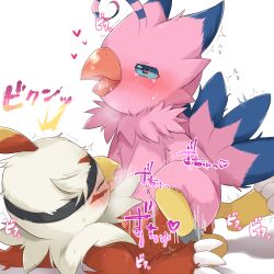 <3_eyes absurd_res accessory accipitrid accipitriform anthro avian bandai_namco beak bird biyomon blue_eyes blush bodily_fluids claws closed_eyes cowgirl_position digimon digimon_(species) dominant dominant_female duo facial_markings feathers female female_on_top from_front_position hawkmon head_markings headband heart hi_res looking_pleasured male male/female markings on_bottom on_top open_mouth pink_body pink_feathers prrrrrrmine red_body red_feathers sex simple_background sweat thrusting white_background