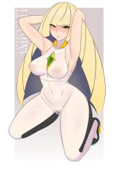 1girls alternate_costume alternate_version_available areolae big_breasts blonde_hair blush breasts female female_only game_freak green_eyes hair hands_behind_head heels high_heels lips lusamine_(pokemon) mature mature_female mature_woman milf mother nipples pokemon pokemon_sm pubes pubic_hair shnibbles smile solo solo_female thighs transparent_clothing