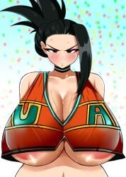 1girls anger_vein areola_slip areolae big_breasts black_eyes black_hair blush breast_focus breasts cheerleader cheerleader_uniform cleavage female female_only huge_breasts large_breasts momo_yaoyorozu my_hero_academia ponytail pout solo solo_female sweat sweatdrop topwear tuna_(artist) underboob