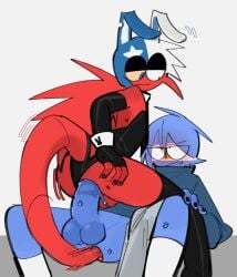 2boys ailewzol anal anal_sex animal_ears argentina_(countryhumans) blue_body blue_skin chile_(countryhumans) clothed_sex clothing countryhumans femboy gay gay_sex male male_only playboy playboy_bunny red_body red_skin simple_background white_background yaoi