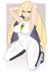 1girls alternate_costume alternate_version_available big_breasts blonde_hair breasts female female_only game_freak green_eyes hair hands_behind_head heels high_heels lips lusamine_(pokemon) mature mature_female mature_woman milf mother pokemon pokemon_sm shnibbles smile solo solo_female thighs