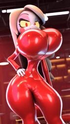 2023 3d animated animated_gif bouncing_breasts charlie_morningstar_(hazbin_hotel) clothed demon gif hazbin_hotel huge_breasts palisal swaying_hips thick_thighs vivienne_medrano vivziepop wasp_waist wide_hips