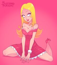 2023 american_dad black_eyes bleedingpervert blonde_hair breasts cleavage dress female female_only francine_smith high_heels jewelry lipstick necklace nipples painted_nails pink_background pink_eyeshadow pink_lipstick pink_nails thighs