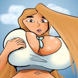 1girls atwistedspirit below_view big_breasts blonde_hair breasts cartoon_network cleavage clouds female from_below huge_breasts julia_(tdi) long_hair navel open_mouth purple_eyes solo solo_female tank_top total_drama_island total_drama_island_(2023) white_tank_top