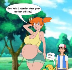 1girls ash's_pikachu baby_trapped babytrapped big_breasts english_text female foxtide888 kasumi_(pokemon) male pikachu pokemon pokemon_(species) pregnant satoshi_(pokemon) shorts text wide_hips