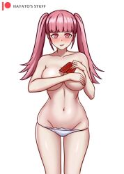 1girls blush breasts card collarbone covering covering_breasts female female_only fire_emblem fire_emblem:_three_houses groin hayato_stuff hilda_valentine_goneril holding holding_card large_breasts looking_at_viewer navel nintendo nose_blush panties pink_eyes pink_hair playing_card smile solo thigh_gap twintails underwear white_background white_panties