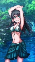 1girls 2020s 2023 armpits arms_above_head arms_up bikini black_hair breasts cleavage green_eyes grin highres legs light-skinned_female light_skin long_hair medium_breasts navel outdoors pose posing sarong saten_ruiko sensual smile solo swimsuit takumi_igarashi teenage_girl teenager thighs to_aru_kagaku_no_railgun to_aru_majutsu_no_index water white_bikini young