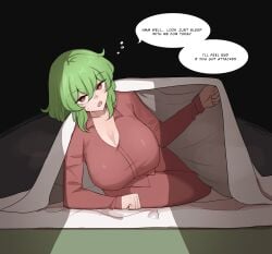 1girls bed big_breasts blanket breasts green_hair inviting_under_covers kazami_yuuka large_breasts looking_at_viewer mata_(matasoup) milf offering offering_to_viewer pajamas pov protective red_eyes red_pajamas solo solo_female talking_to_viewer touhou touhou_project wholesome yuka_kazami yuuka_kazami