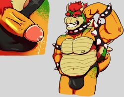 anthro bodily_fluids bowser genital_fluids genitals hi_res leaking_precum male male_only mario_(series) momoskinks muscular navel nintendo nipples penis precum reptile scalie solo turtle