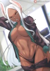 1girls abs animal_ears aqua_shirt arm_behind_head athletic_female black_jacket black_panties black_skirt clothes_pull dark-skinned_female dark_skin female female_focus female_only foonie_xd funi_xd gluteal_fold highleg highleg_panties highres indoors jacket large_breasts long_eyelashes long_hair looking_at_viewer miruko my_hero_academia navel no_bra office office_lady open_clothes panties parted_bangs parted_lips patreon_username pencil_skirt rabbit_ears rabbit_girl red_eyes rumi_usagiyama shirt skirt skirt_pull smile solo stomach stripping thighs toned underwear undressing white_hair