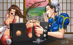 2girls bondage bound chun-li death_battle fatal_fury female female_only king_of_fighters mai_shiranui pirata3 snk street_fighter tickle_torture tickling tickling_feet yuri