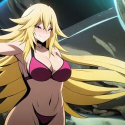 1girls ai_generated big_breasts bikini blonde_hair breasts busty cleavage closed_eyes female female_only keijo!!!!!!!! legs long_hair mio_kusakai navel smile thighs voluptuous