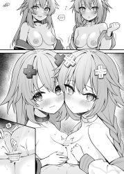 2girls adult_neptune artist_signature aura bar_censor binsen blush braid braided_ponytail breasts censored choker closed_mouth commentary_request compile_heart d-pad d-pad_hair_ornament double_paizuri greyscale hair_ornament highres idea_factory jacket long_hair looking_at_viewer medium_breasts monochrome multiple_girls neptune_(neptunia) neptunia_(series) nipples open_clothes open_jacket paizuri penis power_symbol-shaped_pupils purple_heart_(neptunia) spoken_blush straight sweat