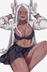 1girls :d abs animal_ears athletic_female black_bra bra breasts cleavage collarbone dark-skinned_female dark_skin fangs female gloves hands_up highres hourglass_figure kemonomimi knee_up large_breasts long_eyelashes long_hair looking_at_viewer mature_female miruko muscular_female my_hero_academia navel open_clothes open_mouth open_shirt parted_bangs pleated_skirt rabbit_ears rabbit_girl rabbit_pose red_eyes rumi_usagiyama school_uniform shadertoons shirt sitting skirt sleeves_rolled_up slim_waist smile solo stomach teeth thighs toned underwear upper_teeth_only very_long_hair white_background white_gloves white_hair white_shirt wide_hips